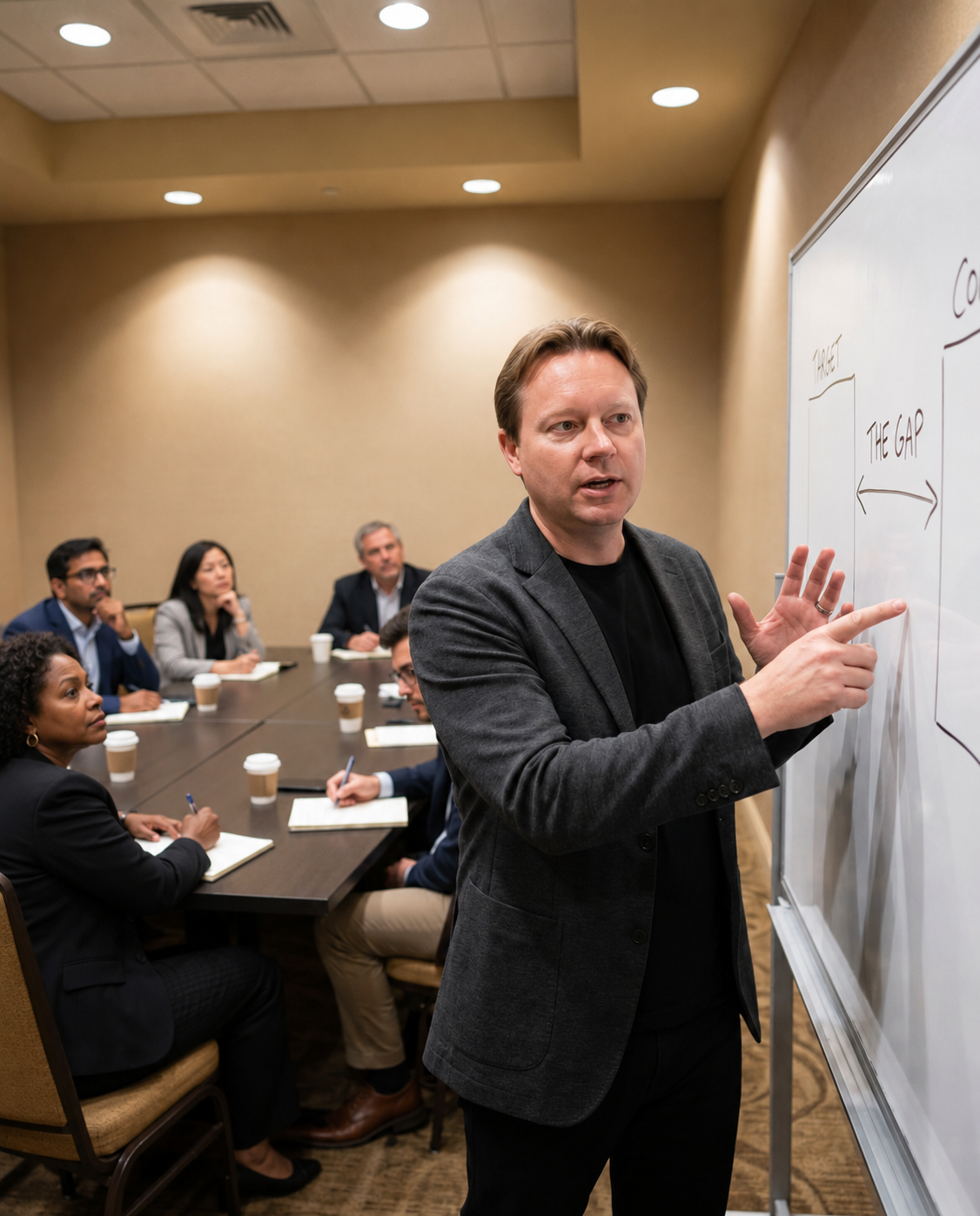 Illustrative edited image of Daniel Käfer leading a workshop discussion beside a whiteboard